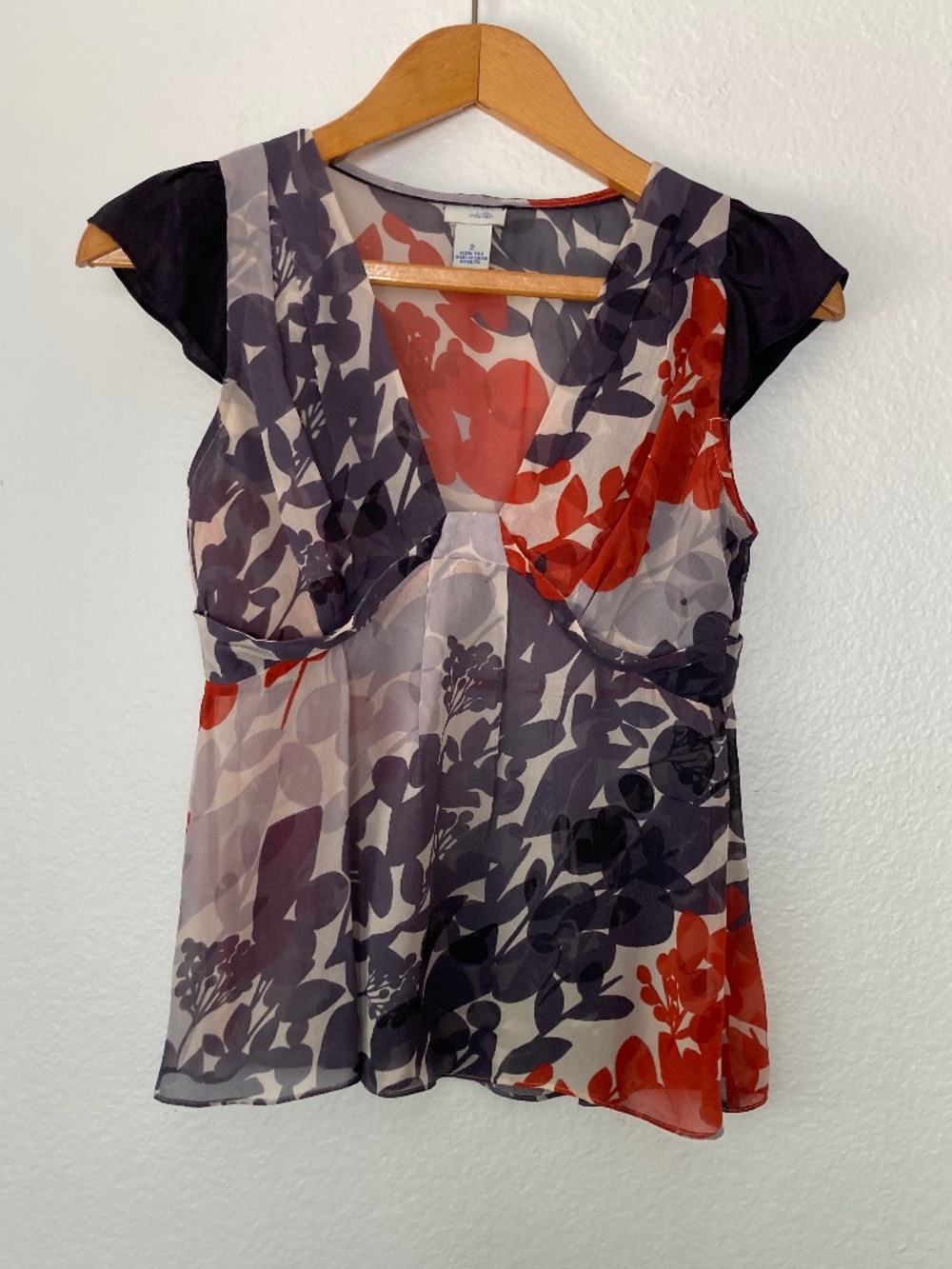 Anthropologie Odille 100% Silk Top Babydoll Peplum Sheer Floral Velvet sz 2